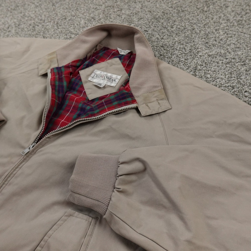 VTG Field Stream Jacket Mens L Beige‎ Plaid Lined Chin Strap Windbreaker Bomber